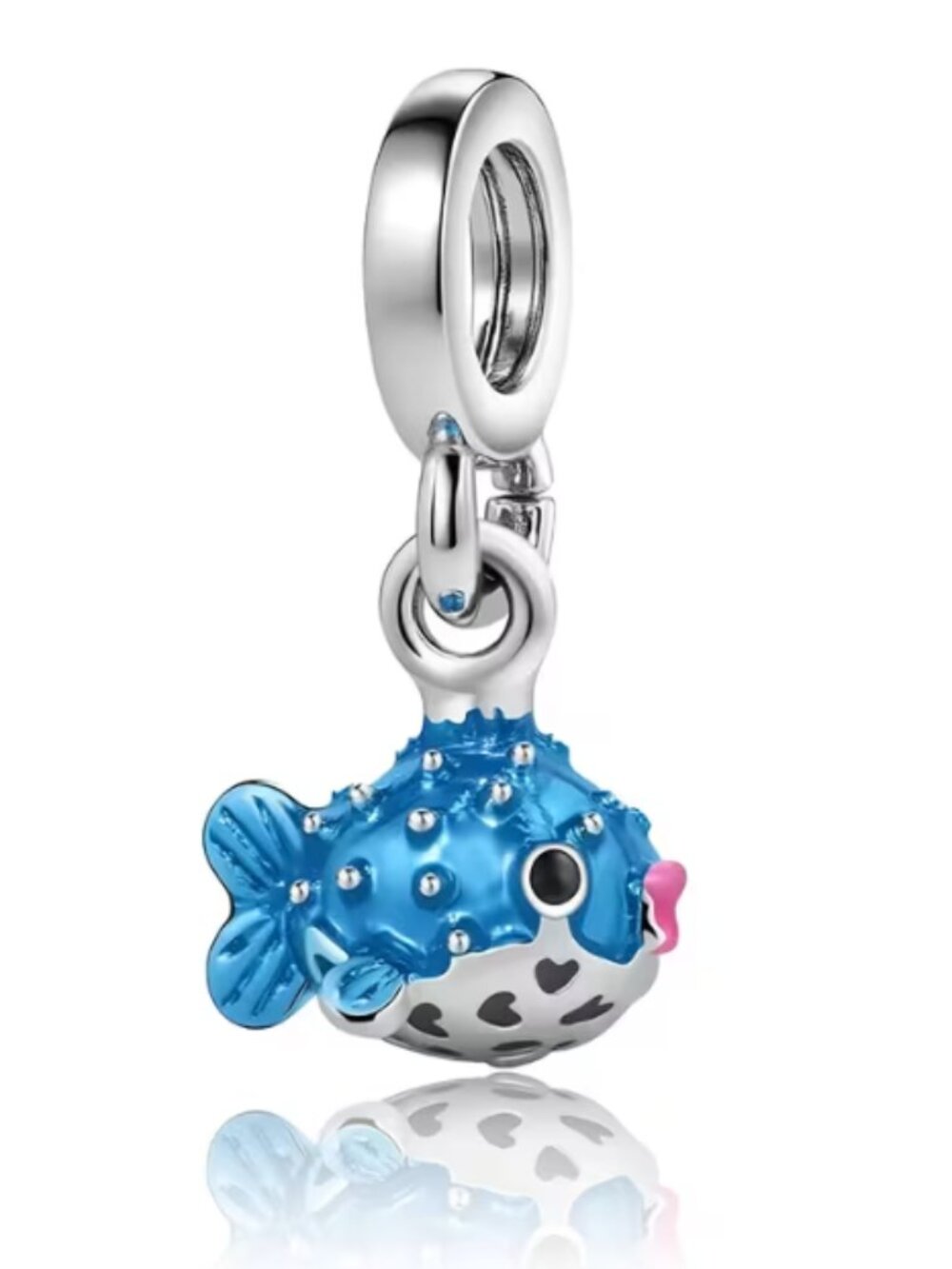 Cute Blue Enamel Pufferfish Women's Fashion Bracelet Silvertoned Charm Pendant